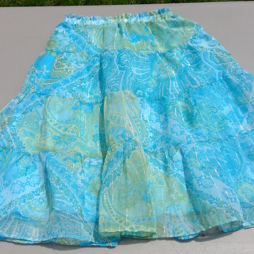 Long Blue Floral Pattern Skirt w/ Metallic Thread